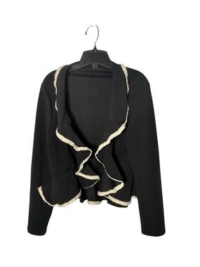 Black Ruffle Open Front Cardigan with Cream Trim,XL, lightweight,lagenlook ,EC